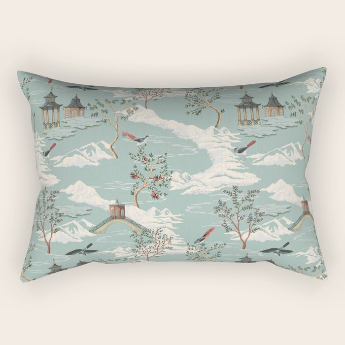 Vintage Chinoiserie Pastel Pagoda Bridge Garden Landscape Rectangular Pillow Gallery Image 1