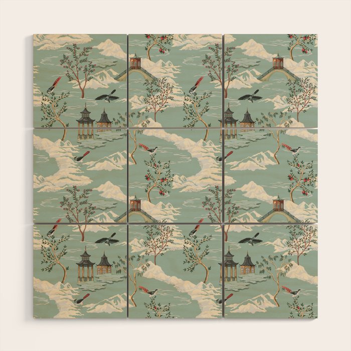 Vintage Chinoiserie Pastel Pagoda Bridge Garden Landscape Wood Wall Art Gallery Image 1