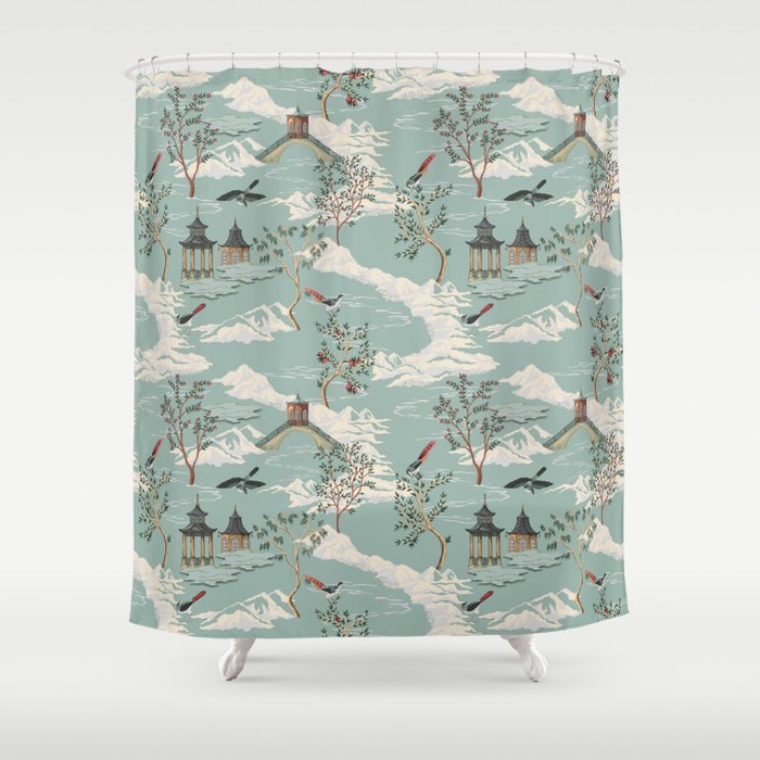 Vintage Chinoiserie Pastel Pagoda Bridge Garden Landscape Shower Curtain Gallery Image 1