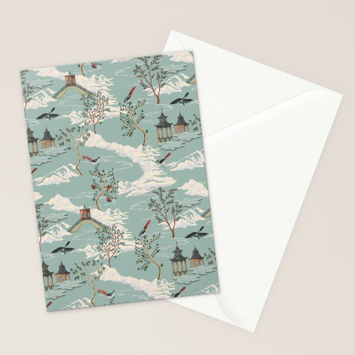 Vintage Chinoiserie Pastel Pagoda Bridge Garden Landscape Stationery Card Gallery Image 2