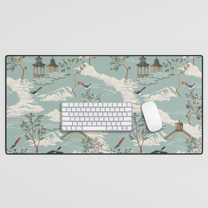 Vintage Chinoiserie Pastel Pagoda Bridge Garden Landscape Desk Mat Gallery Image 1