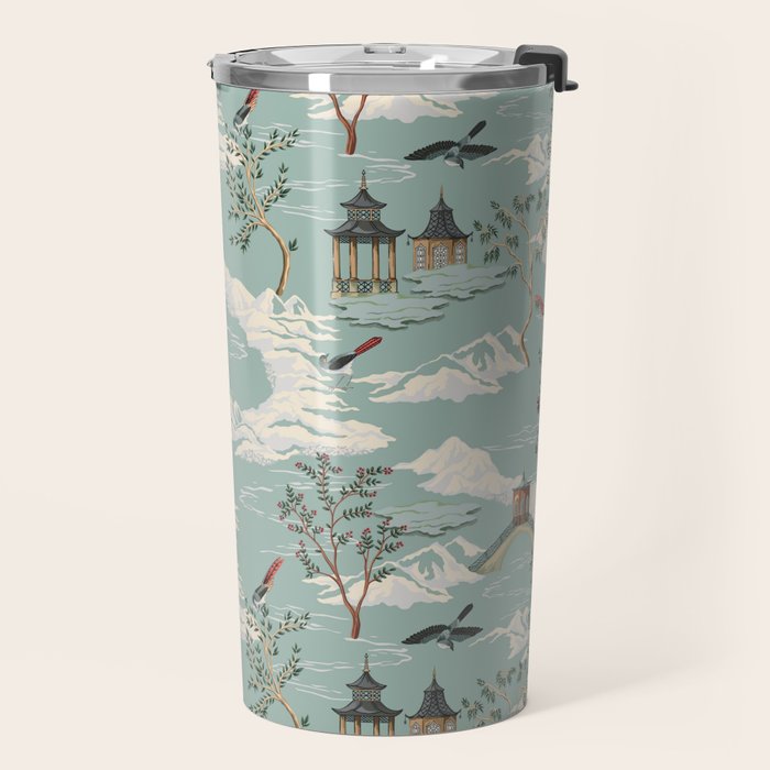 Vintage Chinoiserie Pastel Pagoda Bridge Garden Landscape Travel Mug Gallery Image 2