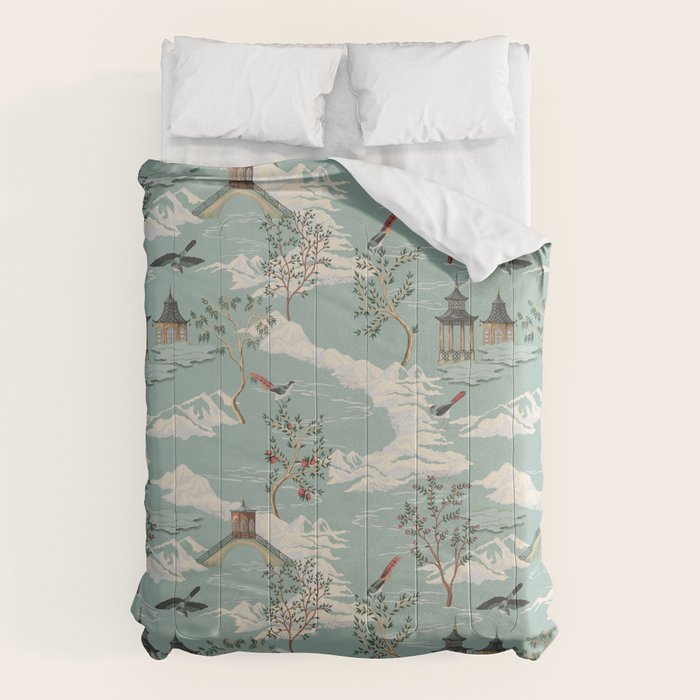 Vintage Chinoiserie Pastel Pagoda Bridge Garden Landscape Comforter Gallery Image 6