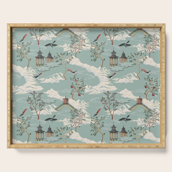 Vintage Chinoiserie Pastel Pagoda Bridge Garden Landscape Serving Tray Gallery Image 1