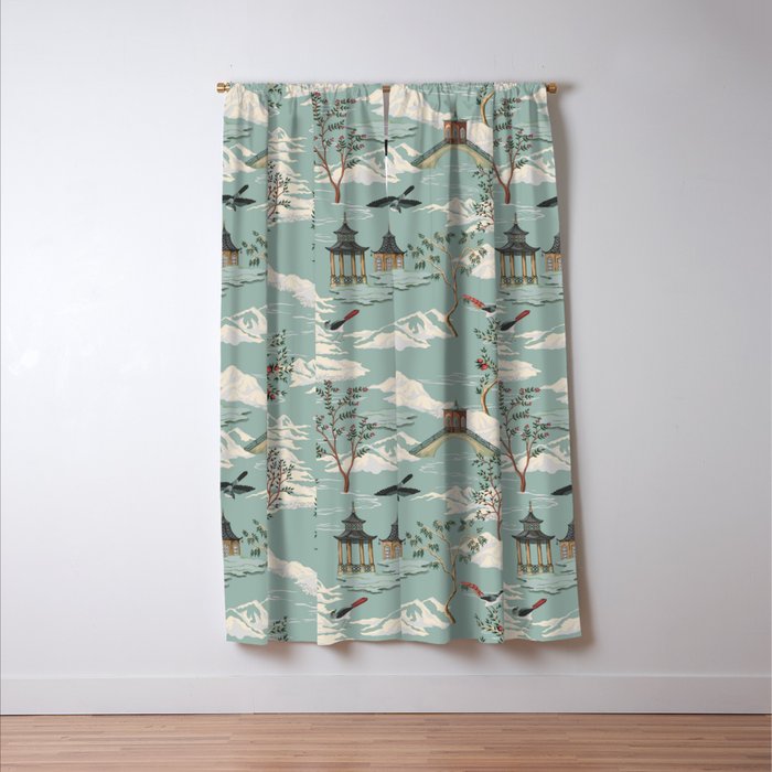 Vintage Chinoiserie Pastel Pagoda Bridge Garden Landscape Window Curtain Gallery Image 3
