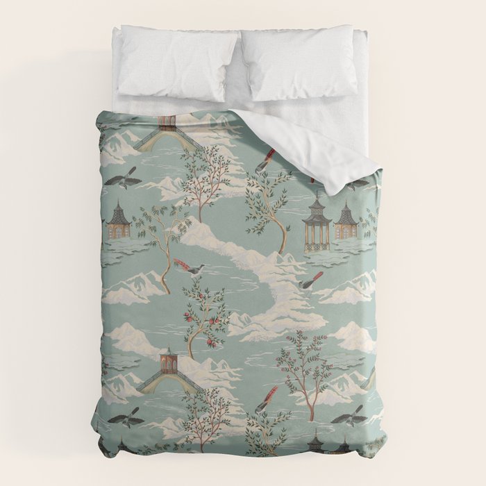 Vintage Chinoiserie Pastel Pagoda Bridge Garden Landscape Duvet Cover Gallery Image 6