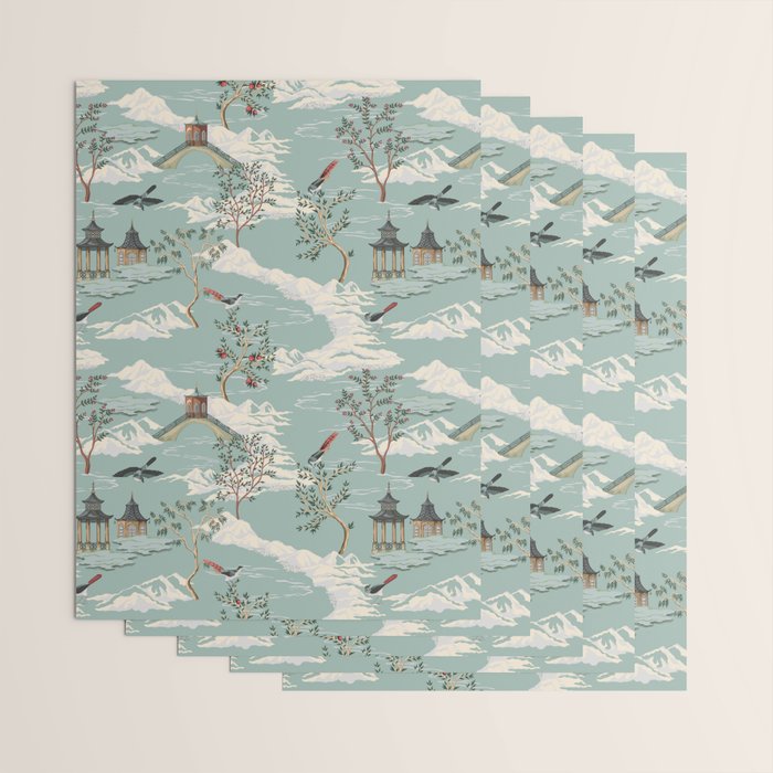 Vintage Chinoiserie Pastel Pagoda Bridge Garden Landscape Wrapping Paper Gallery Image 3