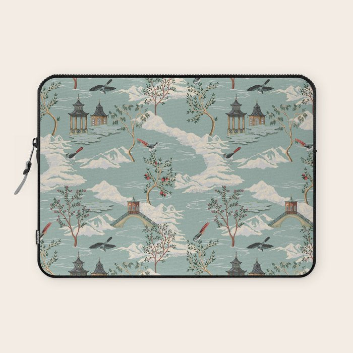 Vintage Chinoiserie Pastel Pagoda Bridge Garden Landscape Laptop Sleeve Gallery Image 1