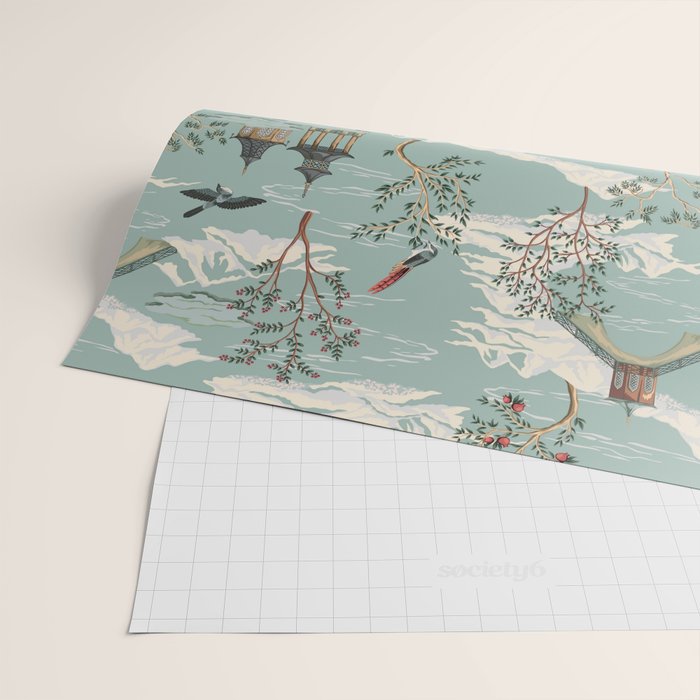 Vintage Chinoiserie Pastel Pagoda Bridge Garden Landscape Wrapping Paper Gallery Image 2