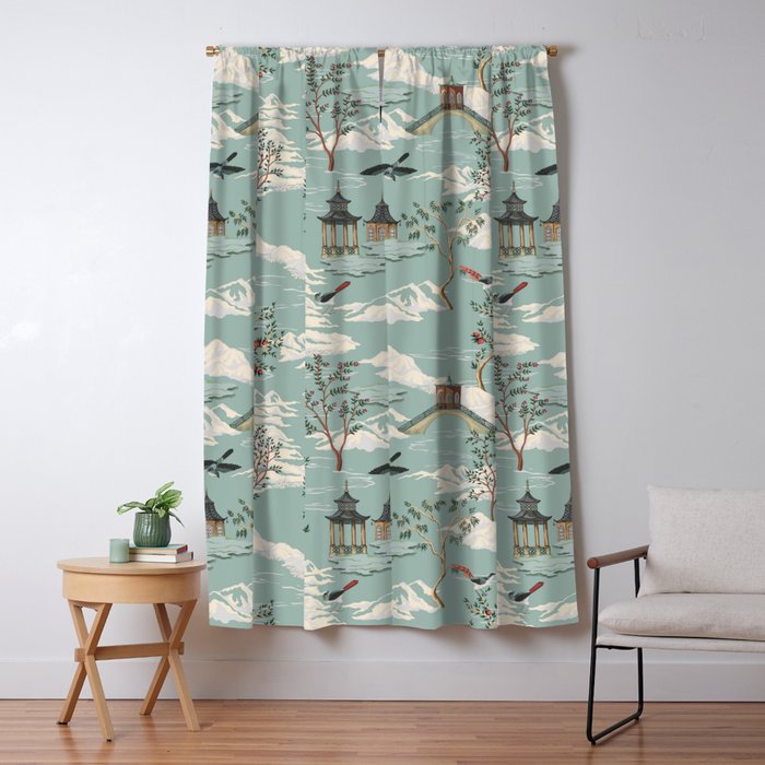 Vintage Chinoiserie Pastel Pagoda Bridge Garden Landscape Window Curtain Gallery Image 5
