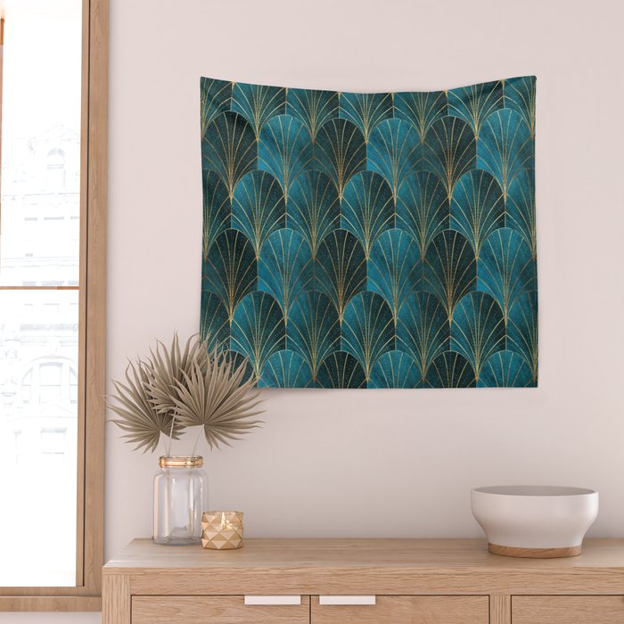 Art Deco Waterfalls // Ombre Teal Wall Tapestry Gallery Image 2