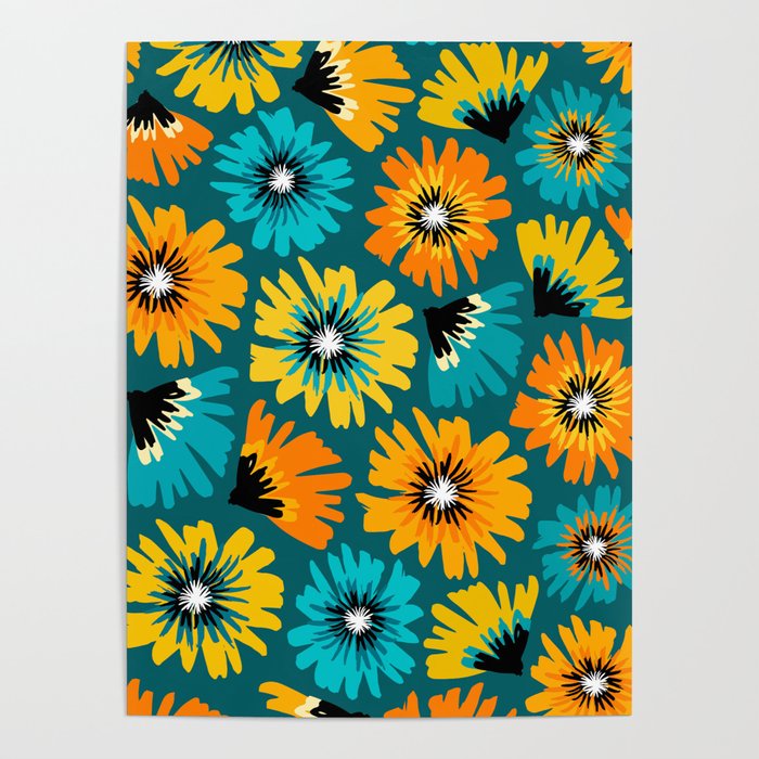 Teal Retro Summer Floral Poster Gallery Image 1