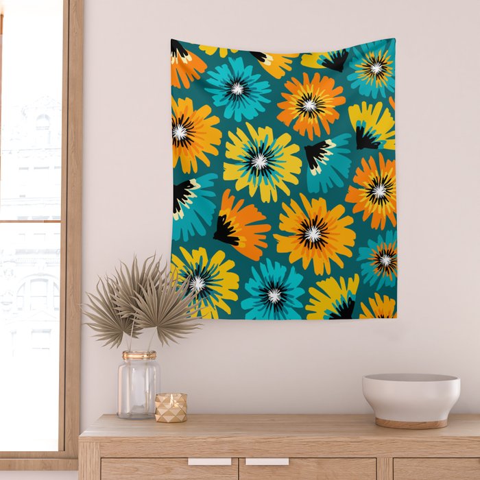 Teal Retro Summer Floral Wall Tapestry Gallery Image 2
