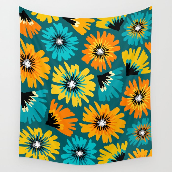 Teal Retro Summer Floral Wall Tapestry Gallery Image 1
