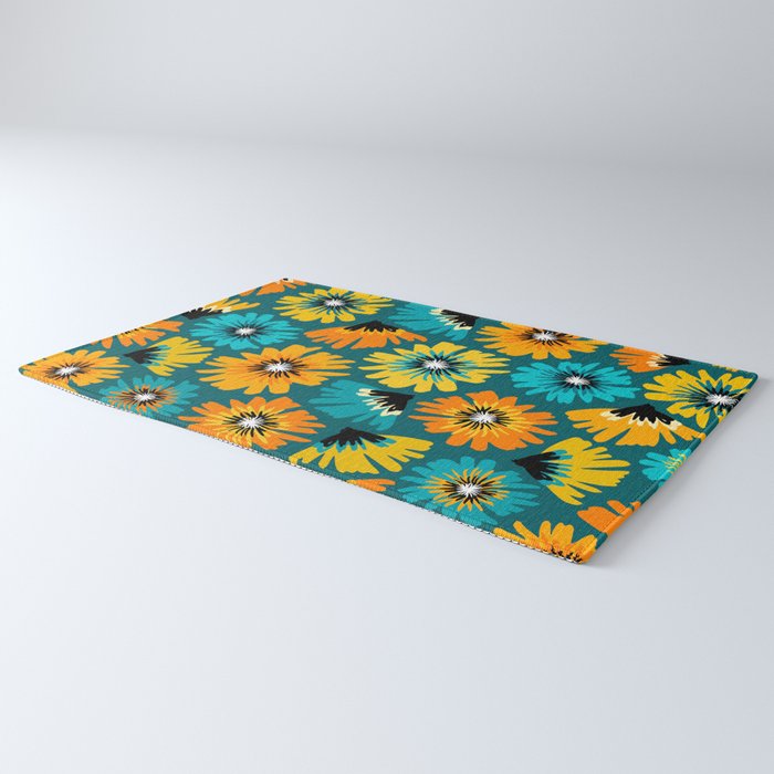 Teal Retro Summer Floral Rug Gallery Image 3