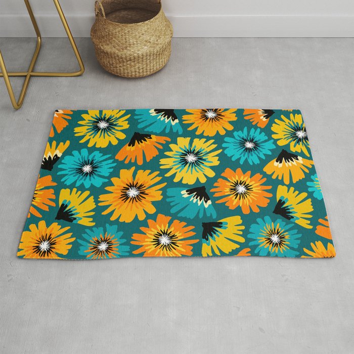 Teal Retro Summer Floral Rug Gallery Image 1