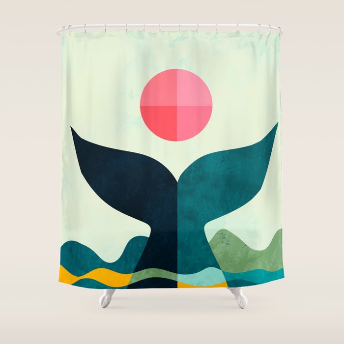 mid century whale sun sea Shower Curtain Gallery Image 1