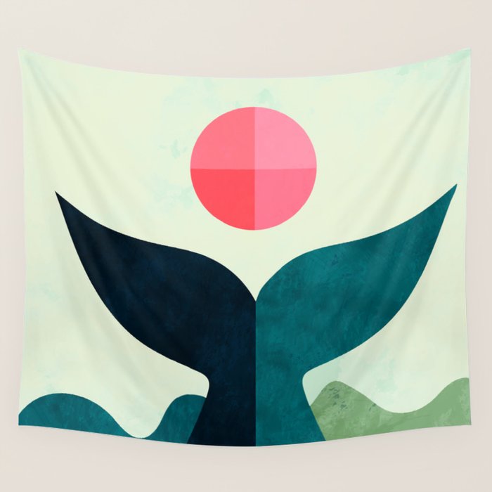 mid century whale sun sea Wall Tapestry Gallery Image 4