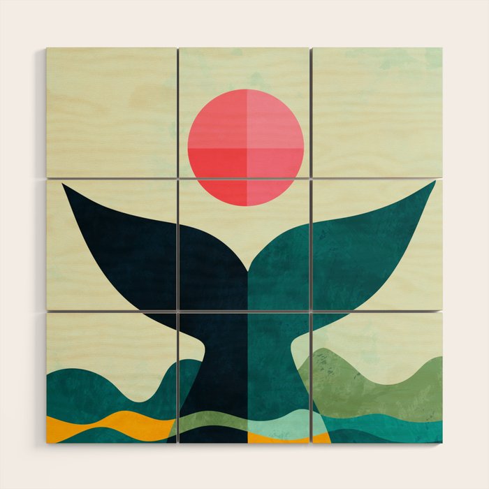 mid century whale sun sea Wood Wall Art Gallery Image 1