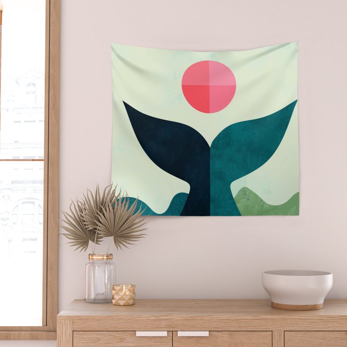 mid century whale sun sea Wall Tapestry Gallery Image 2
