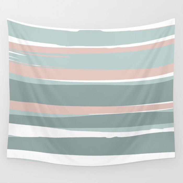 Festive, Abstract, Stripes Pattern, Pink, Green, White Wall Tapestry Gallery Image 4