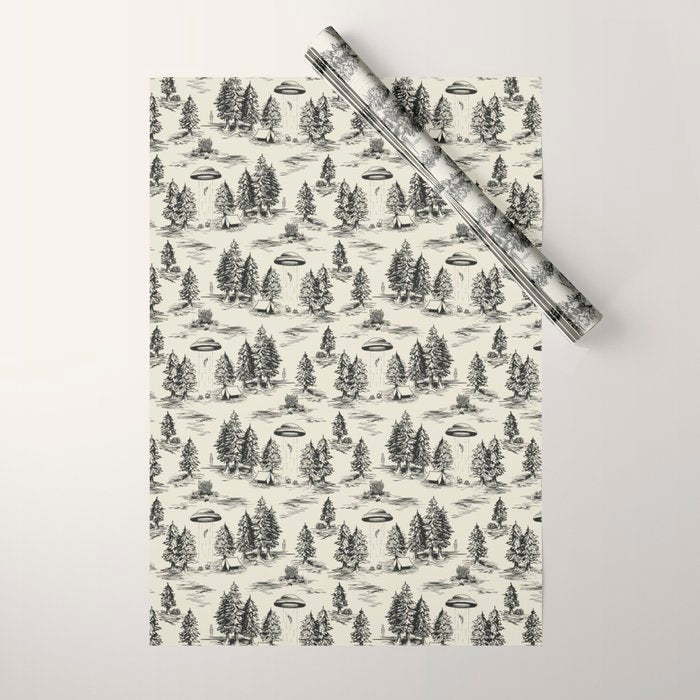 Black Alien Abduction Toile De Jouy Pattern Wrapping Paper Gallery Image 1