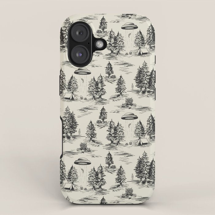 Black Alien Abduction Toile De Jouy Pattern iPhone Case Gallery Image 1