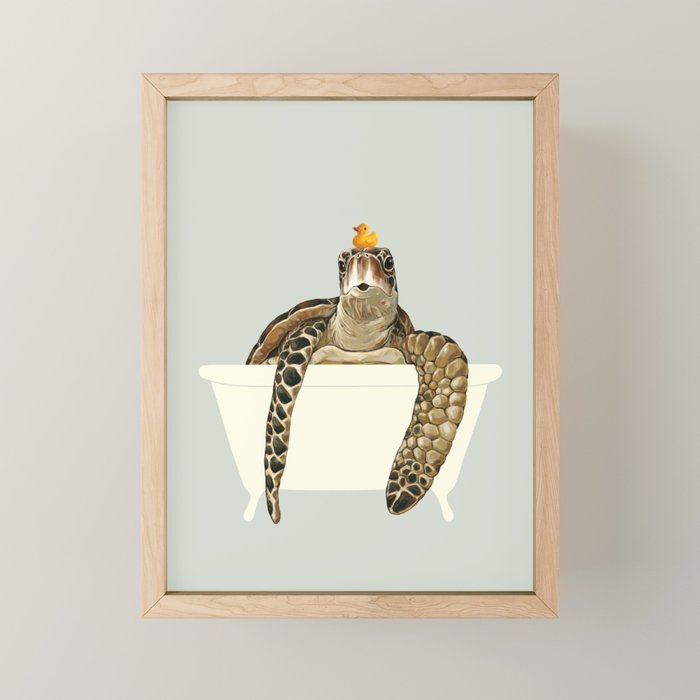 Sea Turtle in Bathtub #green Mini Art Print Gallery Image 1