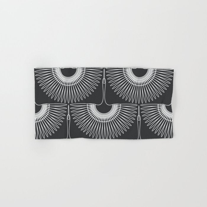 Japanese Crane Ornate Art Deco Dark Monochrome Pattern Bath Towel Gallery Image 1