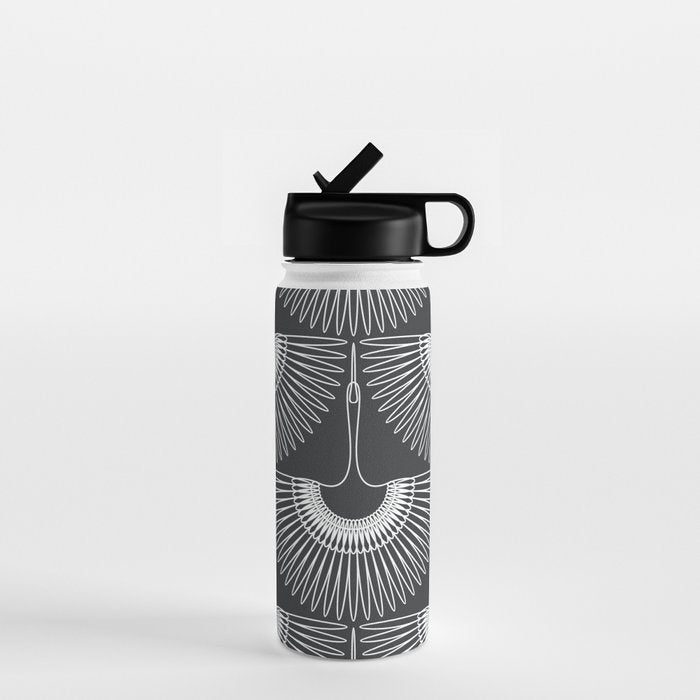 Japanese Crane Ornate Art Deco Dark Monochrome Pattern Water Bottle Gallery Image 1