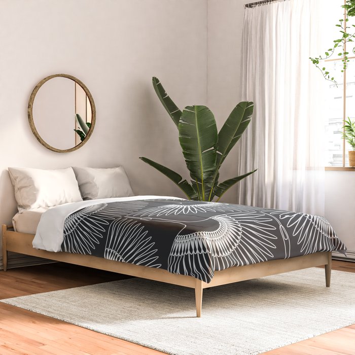 Japanese Crane Ornate Art Deco Dark Monochrome Pattern Comforter Gallery Image 2