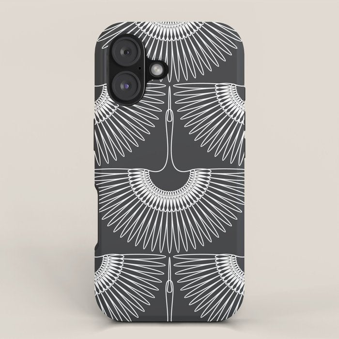 Japanese Crane Ornate Art Deco Dark Monochrome Pattern iPhone Case Gallery Image 1