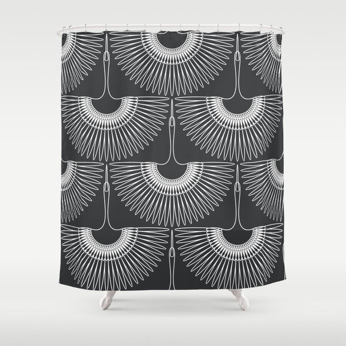 Japanese Crane Ornate Art Deco Dark Monochrome Pattern Shower Curtain Gallery Image 1