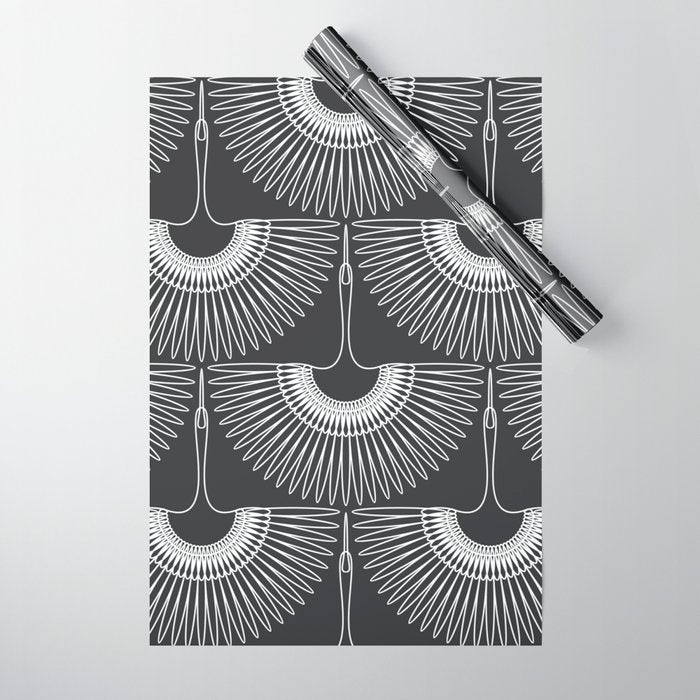 Japanese Crane Ornate Art Deco Dark Monochrome Pattern Wrapping Paper Gallery Image 1