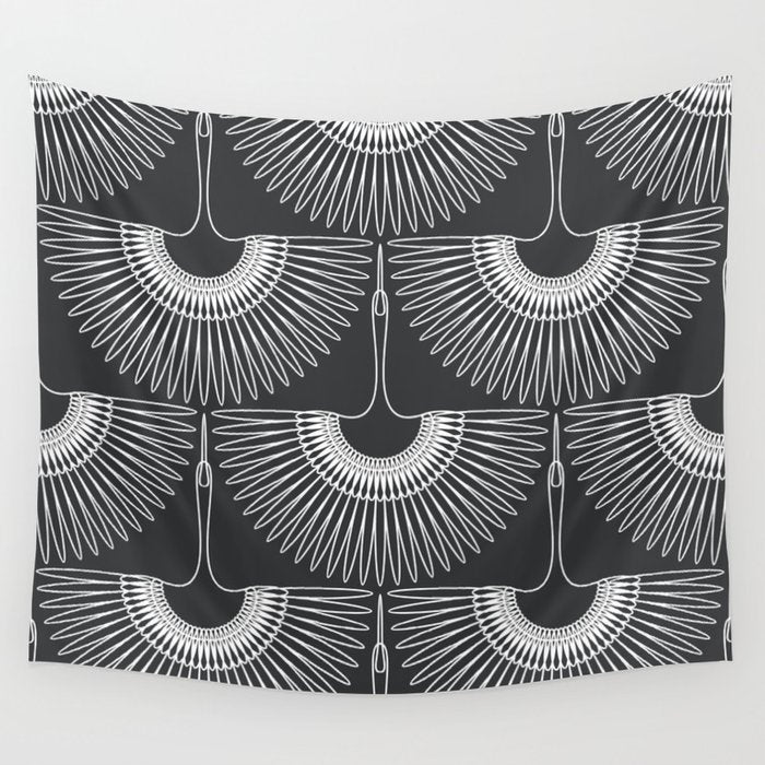 Japanese Crane Ornate Art Deco Dark Monochrome Pattern Wall Tapestry Gallery Image 1
