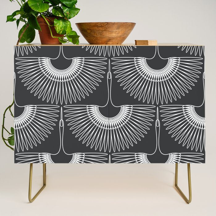 Japanese Crane Ornate Art Deco Dark Monochrome Pattern Credenza Gallery Image 1