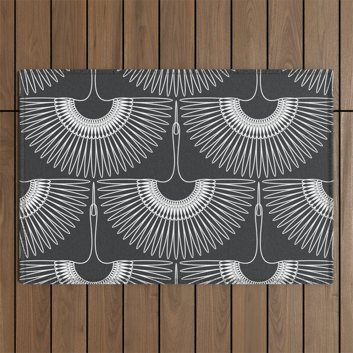 Japanese Crane Ornate Art Deco Dark Monochrome Pattern Outdoor Rug Gallery Image 1