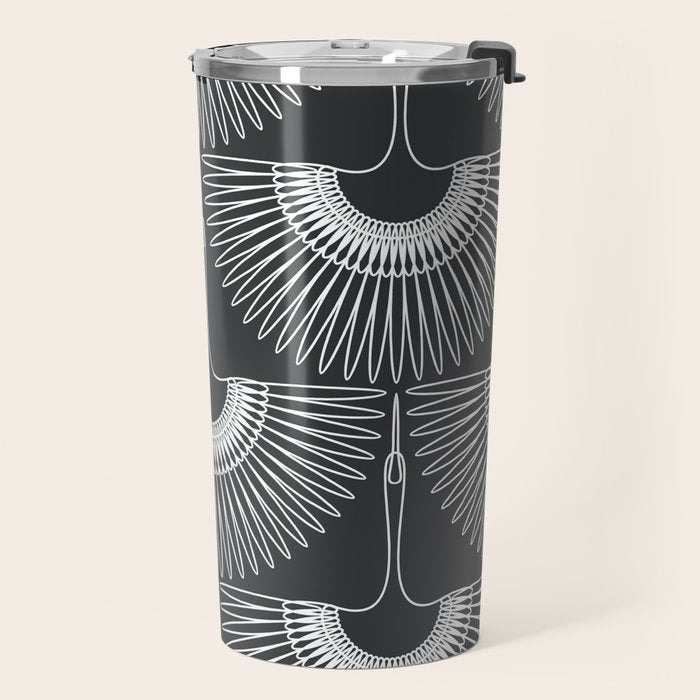 Japanese Crane Ornate Art Deco Dark Monochrome Pattern Travel Mug Gallery Image 2
