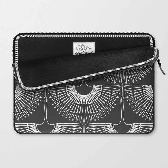 Japanese Crane Ornate Art Deco Dark Monochrome Pattern Laptop Sleeve Gallery Image 2
