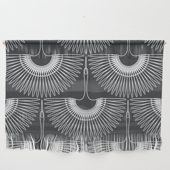 Japanese Crane Ornate Art Deco Dark Monochrome Pattern Wall Hanging Gallery Image 1