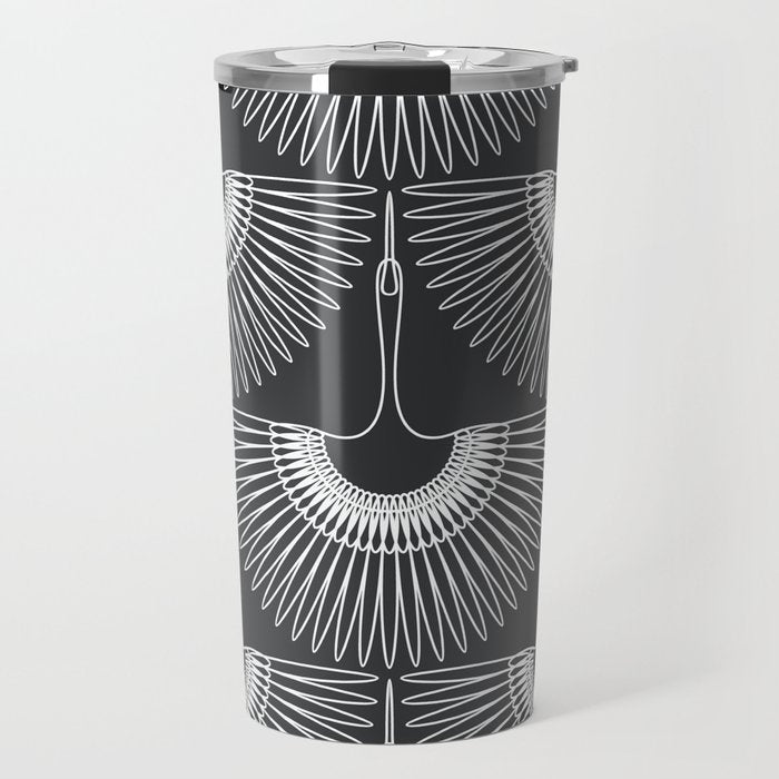 Japanese Crane Ornate Art Deco Dark Monochrome Pattern Travel Mug Gallery Image 1