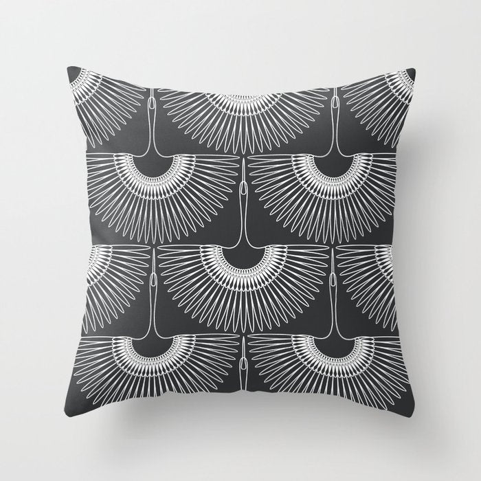 Japanese Crane Ornate Art Deco Dark Monochrome Pattern Throw Pillow Gallery Image 6