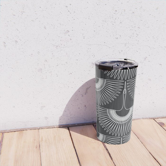 Japanese Crane Ornate Art Deco Dark Monochrome Pattern Travel Mug Gallery Image 4
