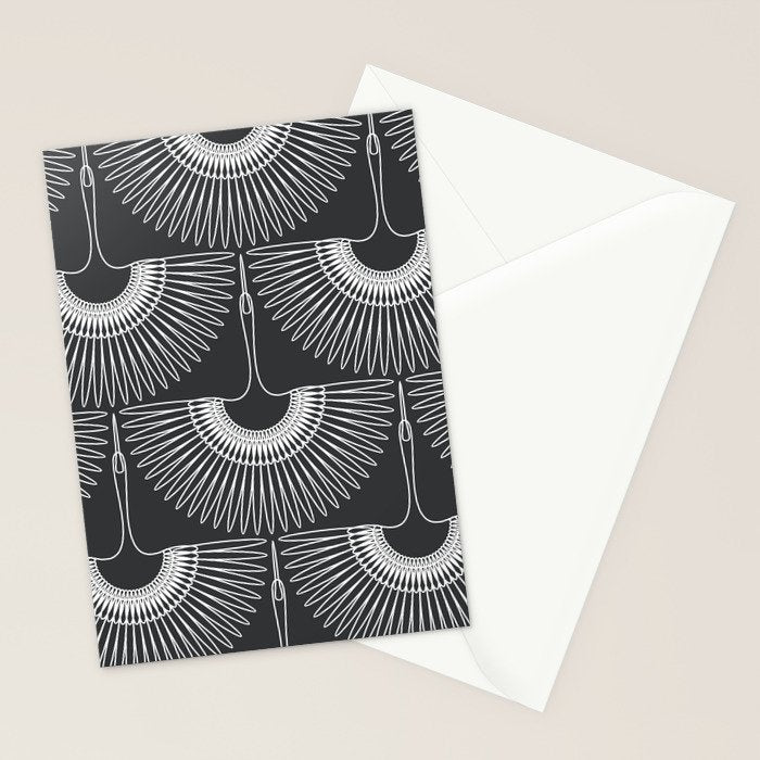 Japanese Crane Ornate Art Deco Dark Monochrome Pattern Stationery Card Gallery Image 2
