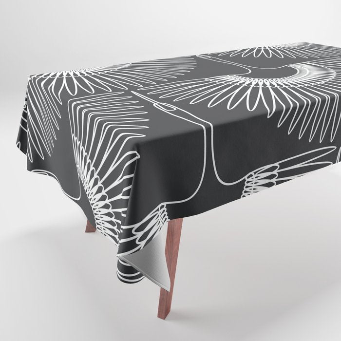 Japanese Crane Ornate Art Deco Dark Monochrome Pattern Tablecloth Gallery Image 1