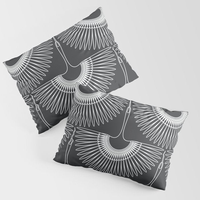 Japanese Crane Ornate Art Deco Dark Monochrome Pattern Pillow Sham Gallery Image 3