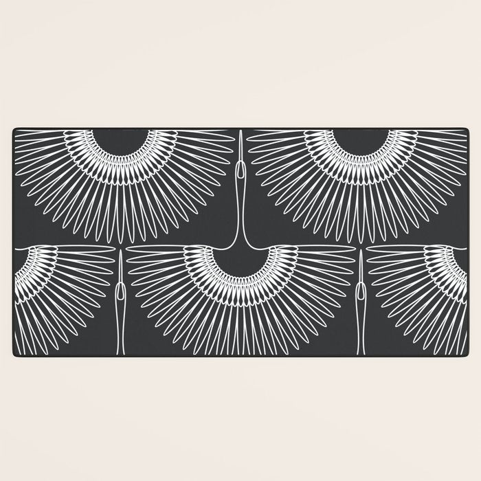 Japanese Crane Ornate Art Deco Dark Monochrome Pattern Desk Mat Gallery Image 3