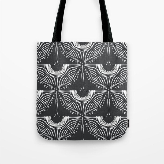Japanese Crane Ornate Art Deco Dark Monochrome Pattern Tote Bag Gallery Image 1