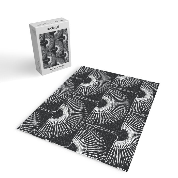Japanese Crane Ornate Art Deco Dark Monochrome Pattern Jigsaw Puzzle Gallery Image 2
