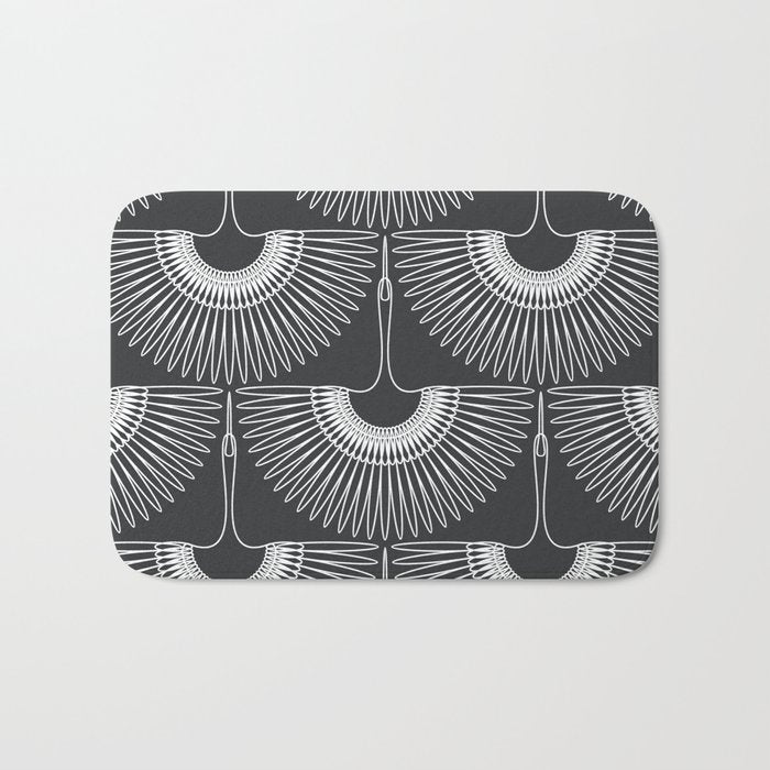 Japanese Crane Ornate Art Deco Dark Monochrome Pattern Bath Mat Gallery Image 1